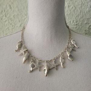 Beach Charm Necklace Seahorse Starfish Snail Silver Tone Sea Life 18"